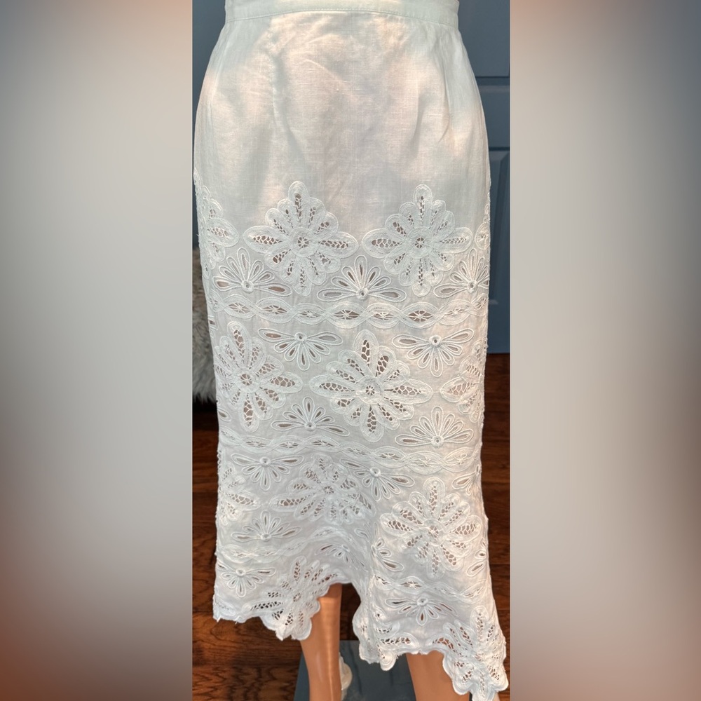 Boho Linen Embroidered Skirt White Eyelet Floral Cottagecore Womens 10